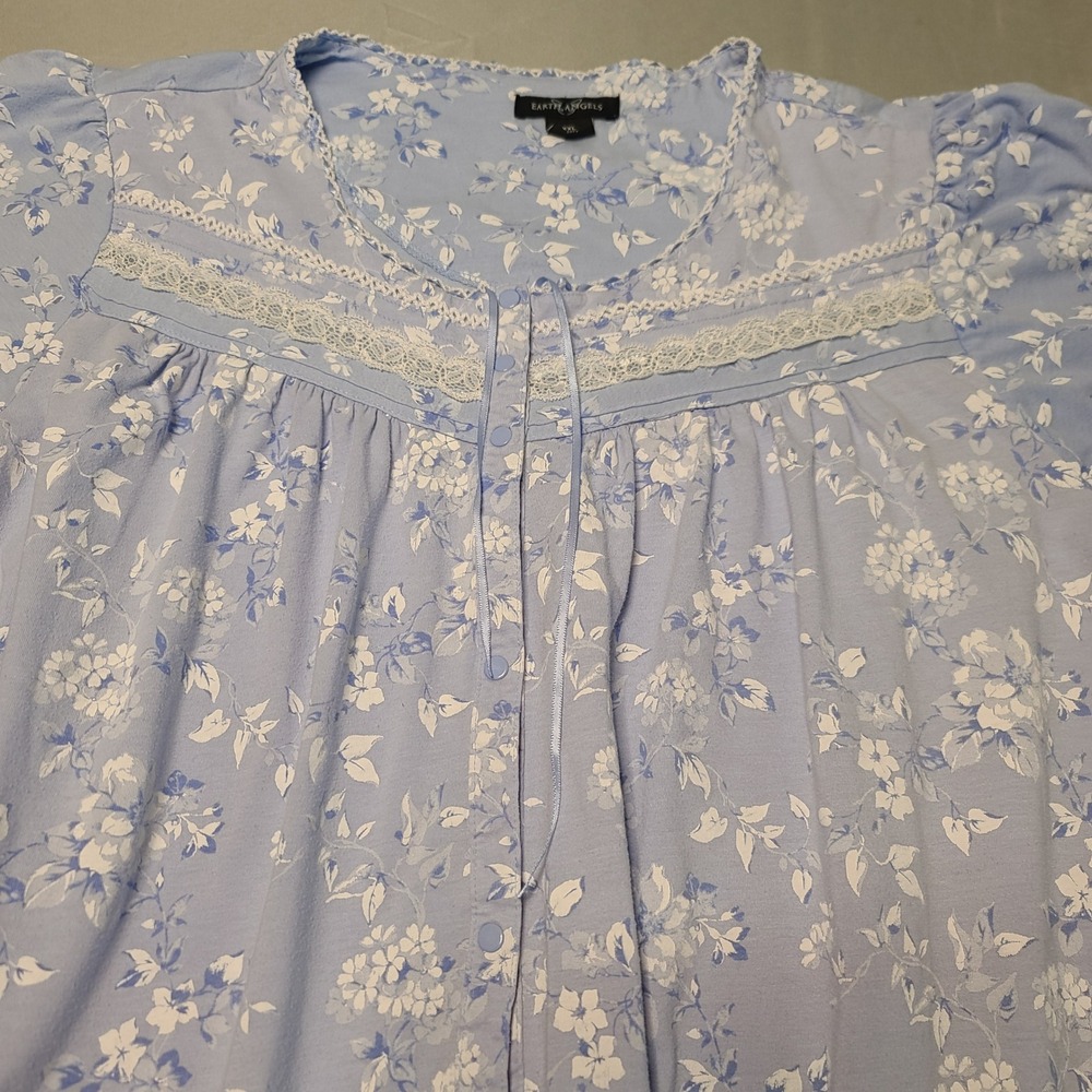 Earth Angels Nightgown Womens XXL Blue Floral Lace Trim Snap Front Sleepwear